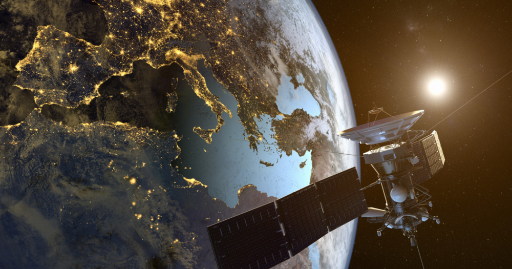 A gps satellite orbiting the earth.