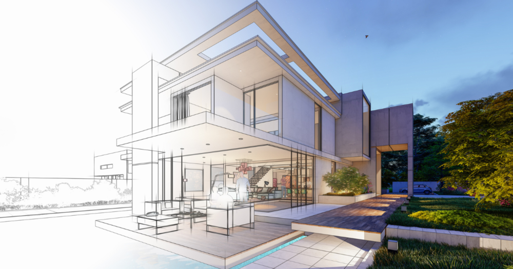 A partially completed house design drawing using BIM and land surveying.
