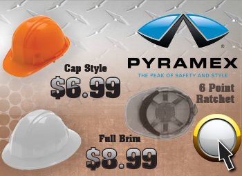 Pyramex Hardhats; Cap Style $6.99, Full Brim $8.99